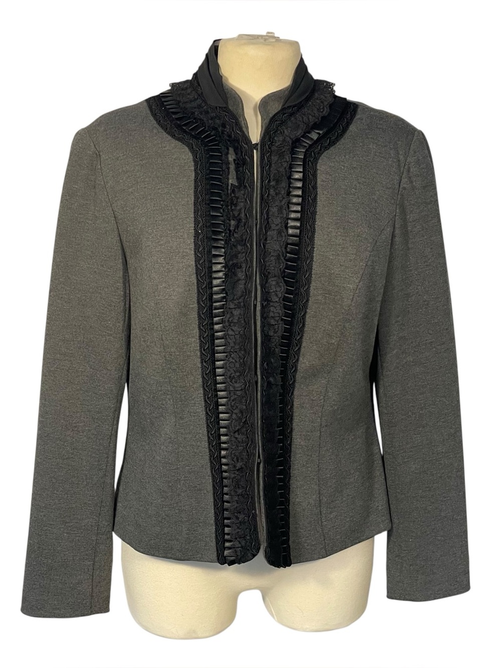 Coldwater Creek Gray Ponte Stretch Black Lace Trim Romantic Blazer Jacket Sz 14
